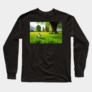 Meadow with rabbit landscape Long Sleeve T-Shirt